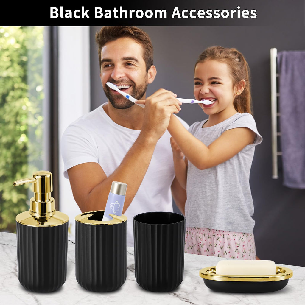 XLHOMO 24 PCS Black Bathroom Accessories Set with Shower Curtain and Rugs, Bathroom Decor Set with Trash Can, Toilet Brush, Soap Dispenser, Toothbrush Holder, Tumbler, Soap Dish and Jars