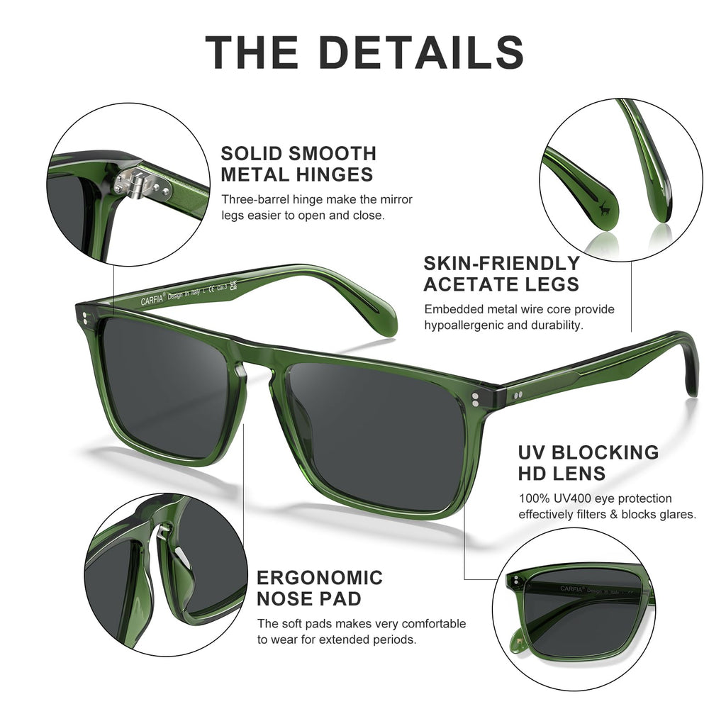 CARFIA Retro Polarized Sunglasses for Men UV Protection Hand-crafted Acetate Frame Fashion Cool Sun Glasses CA53572