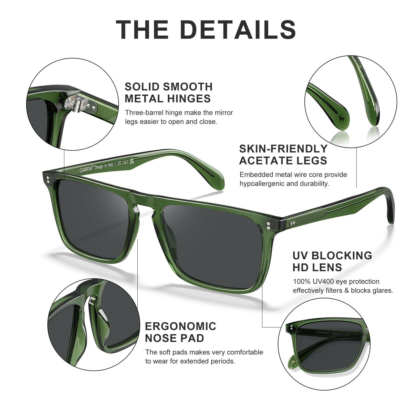 CARFIA Retro Polarized Sunglasses for Men UV Protection Hand-crafted Acetate Frame Fashion Cool Sun Glasses CA53572