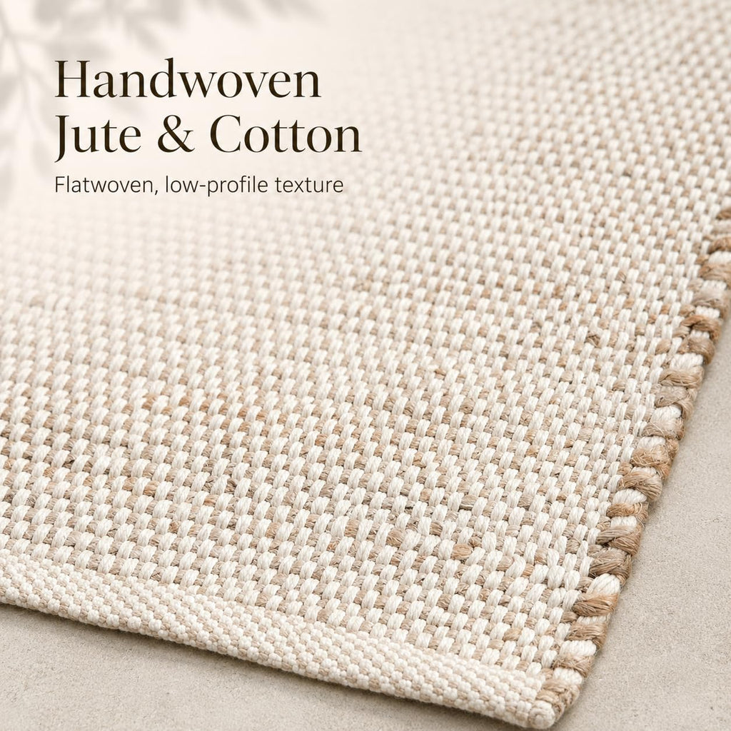 FRELISH DECOR Handwoven Jute Cotton Area Rug- Natural Yarn- Contemporary Farmhouse Decor- Rustic Nautical Rugs for Bedroom Living Room/Entryway Doormat (2'x3')