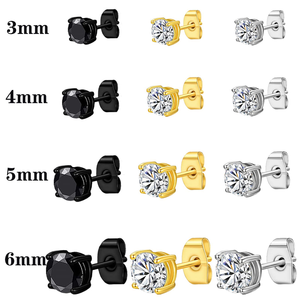NEWITIN 12 Pairs Stainless Steel Stud Earrings for Men Hypoallergenic Earring Unisex Studs Inlaid Cubic Zirconia Men Earrings Hoop CZ Stud Earring Set for Women