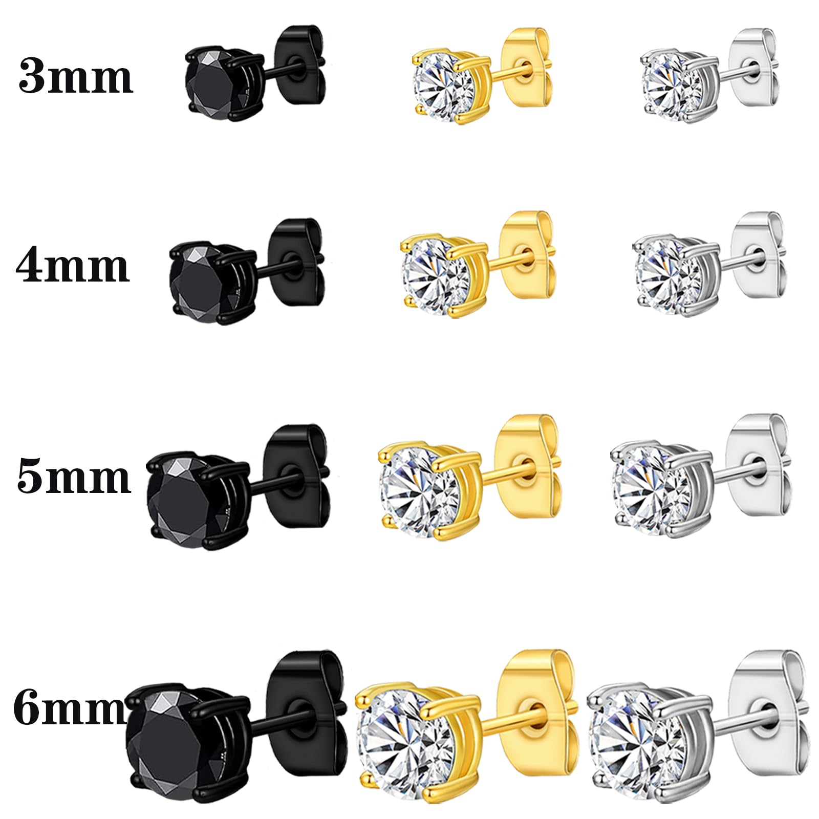 NEWITIN 12 Pairs Stainless Steel Stud Earrings for Men Hypoallergenic Earring Unisex Studs Inlaid Cubic Zirconia Men Earrings Hoop CZ Stud Earring Set for Women