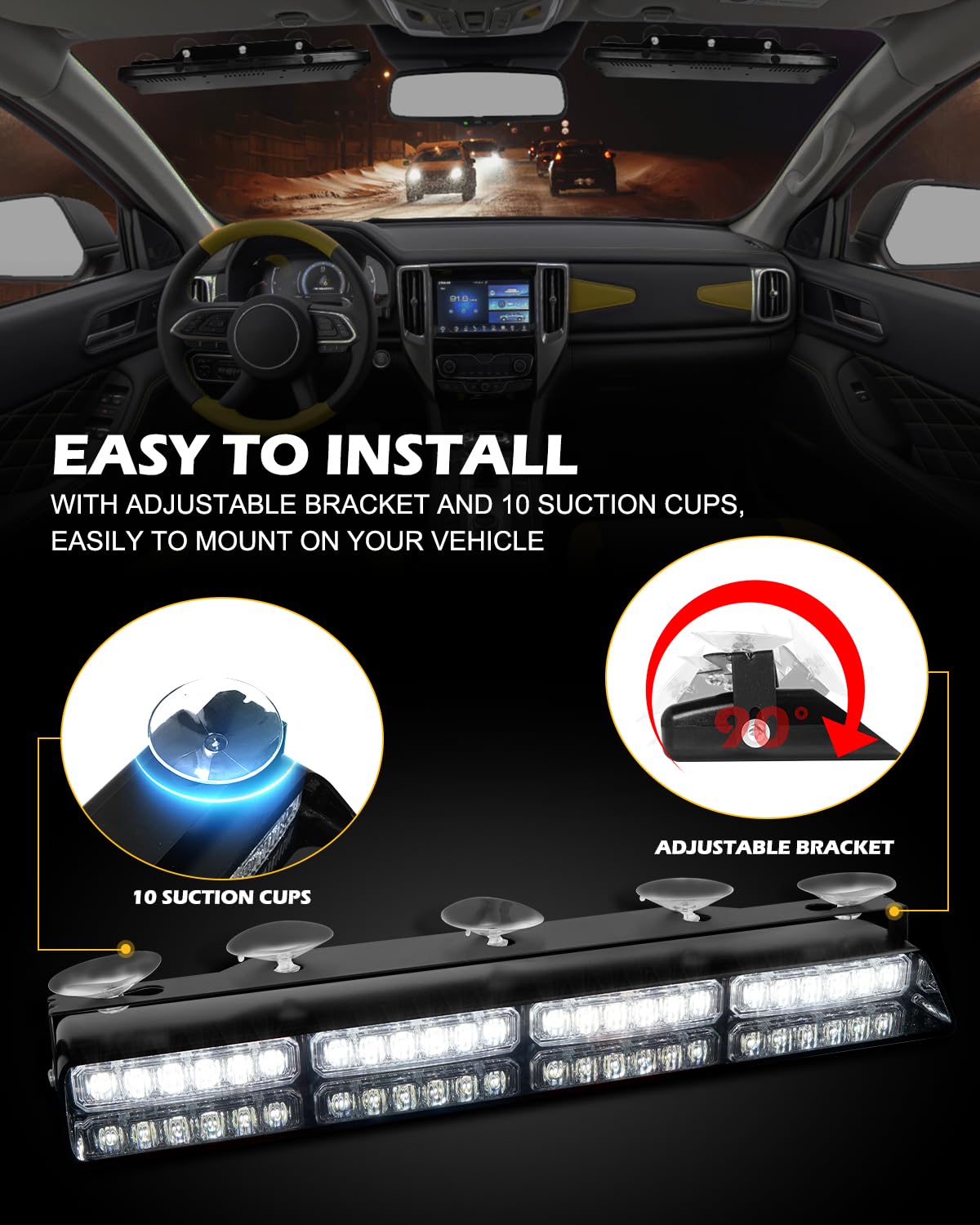 HLauto 604N Emergency Dash Strobe Lights: 2x16.8 inch Amber White Security Light w/Take Down, 48 LED Safety Flashing Warning Hazard Interior Windshield Light Bar for Truck Vehicle