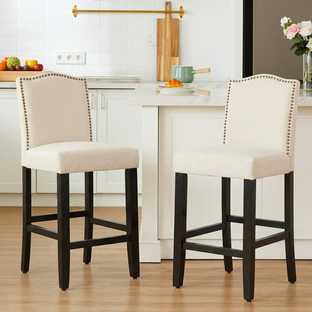 LSSPAID Counter Height Bar Stools Set of 2, 24.8 Inch Modern Upholstered Fabric Barstools, Kitchen Island Chairs with Bronze Nail Backrest and Solid Wood Legs for Kitchen Pub Home Cafe, Beige