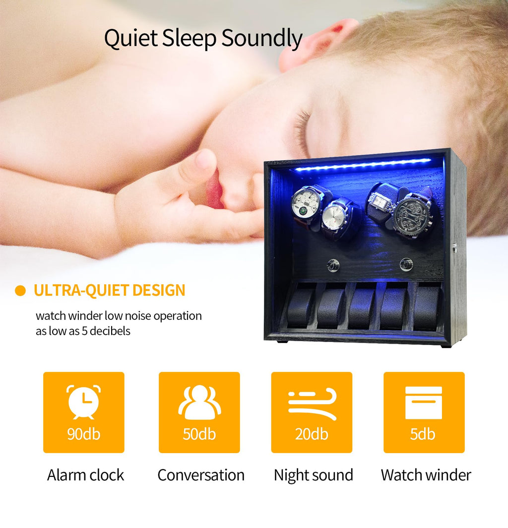 Oryx Watch Winder for 4/6/9 Automatic Watches, Rotating Watch Box 5 Rotation Modes Setting Display Case with Extra Watch Storages and LED Light, Lockable Winders USB Powered Super Quiet Mabuchi Motor