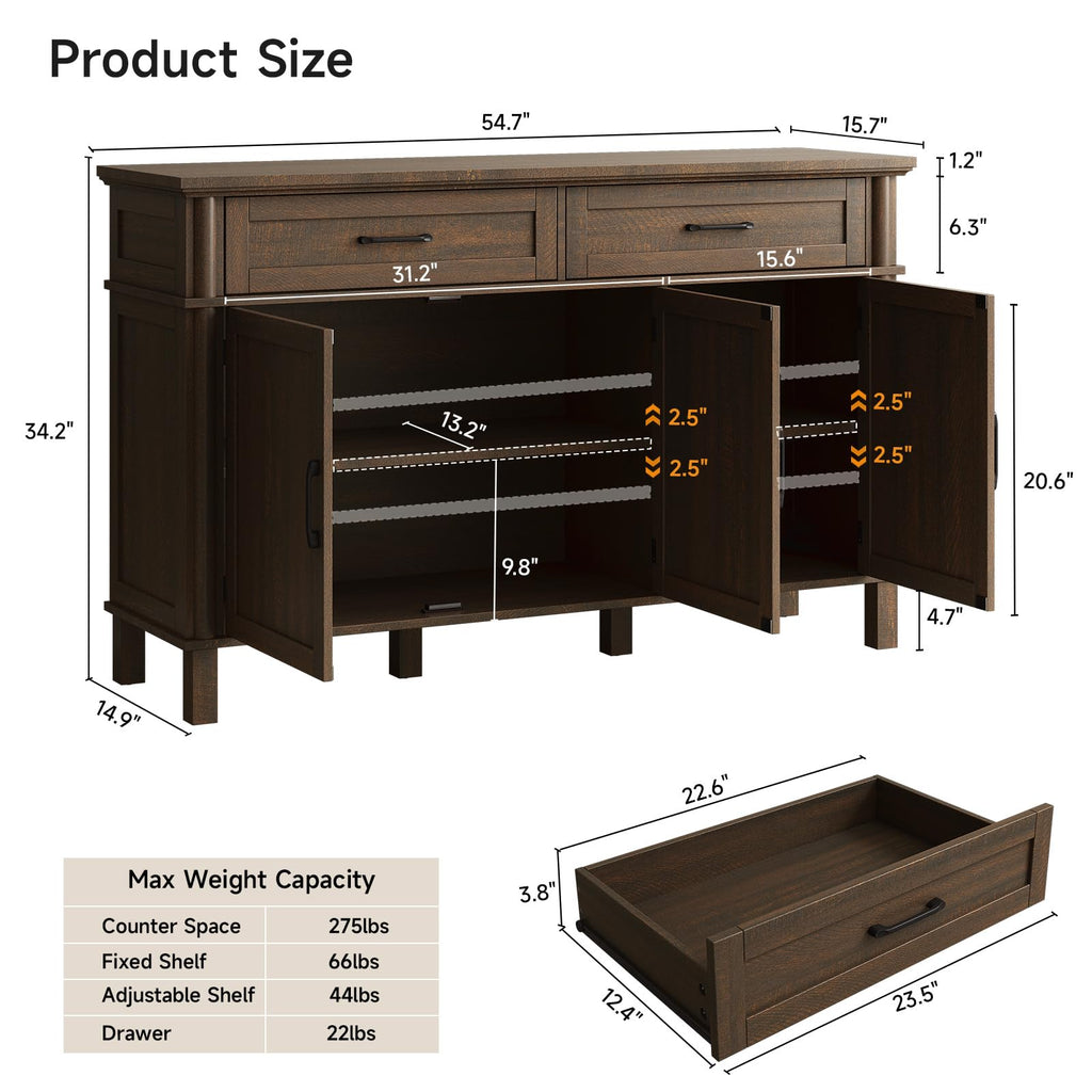 ONBRILL 48 Inches Buffet Cabinet with Storage, Farmhouse Sideboard Buffet w/2 Drawers and 3 Doors, Wood Coffee Bar Cabinet with Adjustable Shelves, Sideboard Storage for Kitchen, Living Room, Black