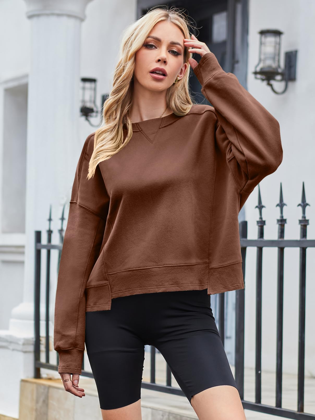 MEROKEETY Women's Oversized Cropped Sweatshirts Crewneck Trendy Workout Pullover Sweater Fall Outfits