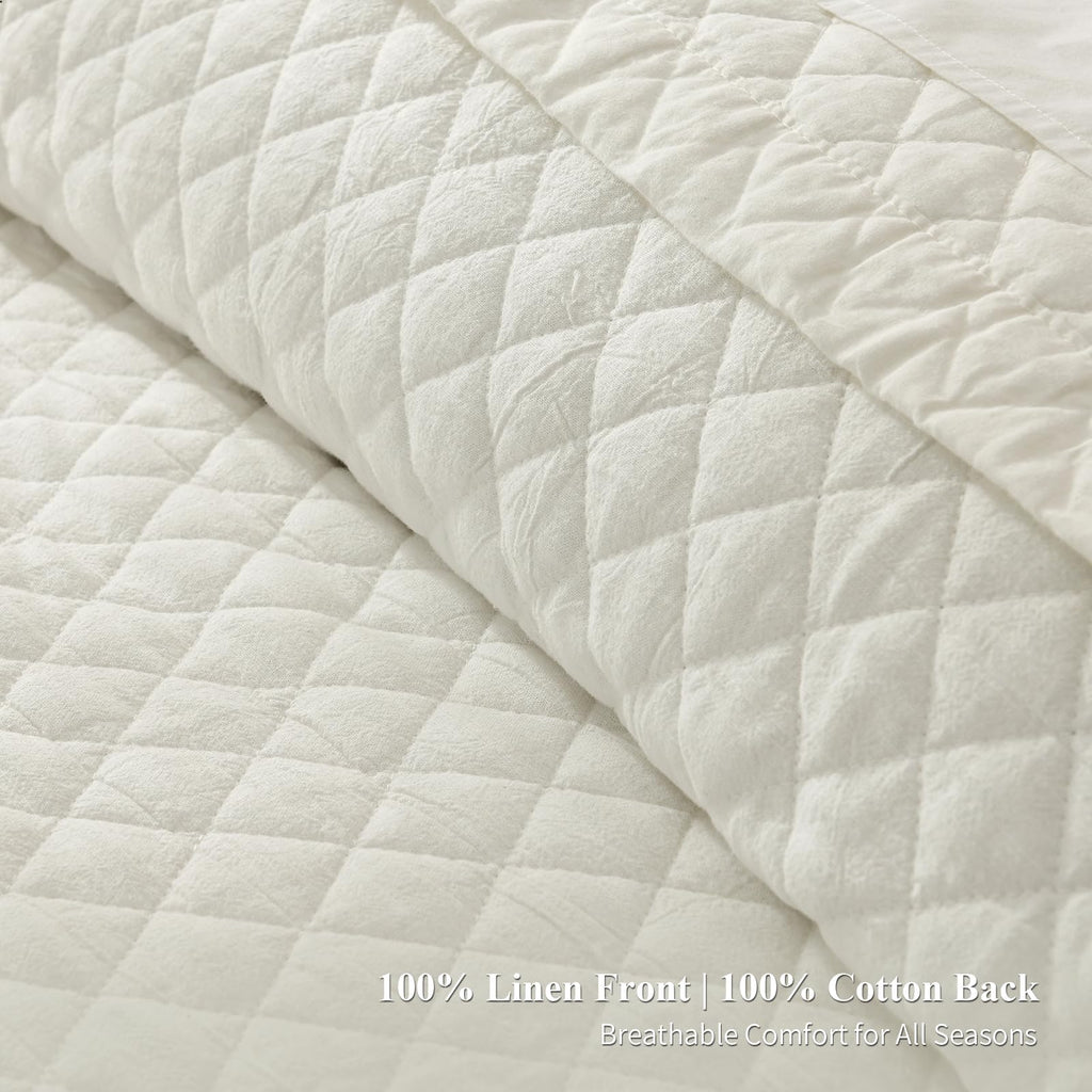 Grassix Linen Quilt Set Queen Size 3-Piece, 100% Linen Front & Cotton Back, Prewashed Diamond Stitch Bedspread with 2 Shams, Lightweight Breathable Quilt for Hot Sleepers, Modern Farmhouse Bedding