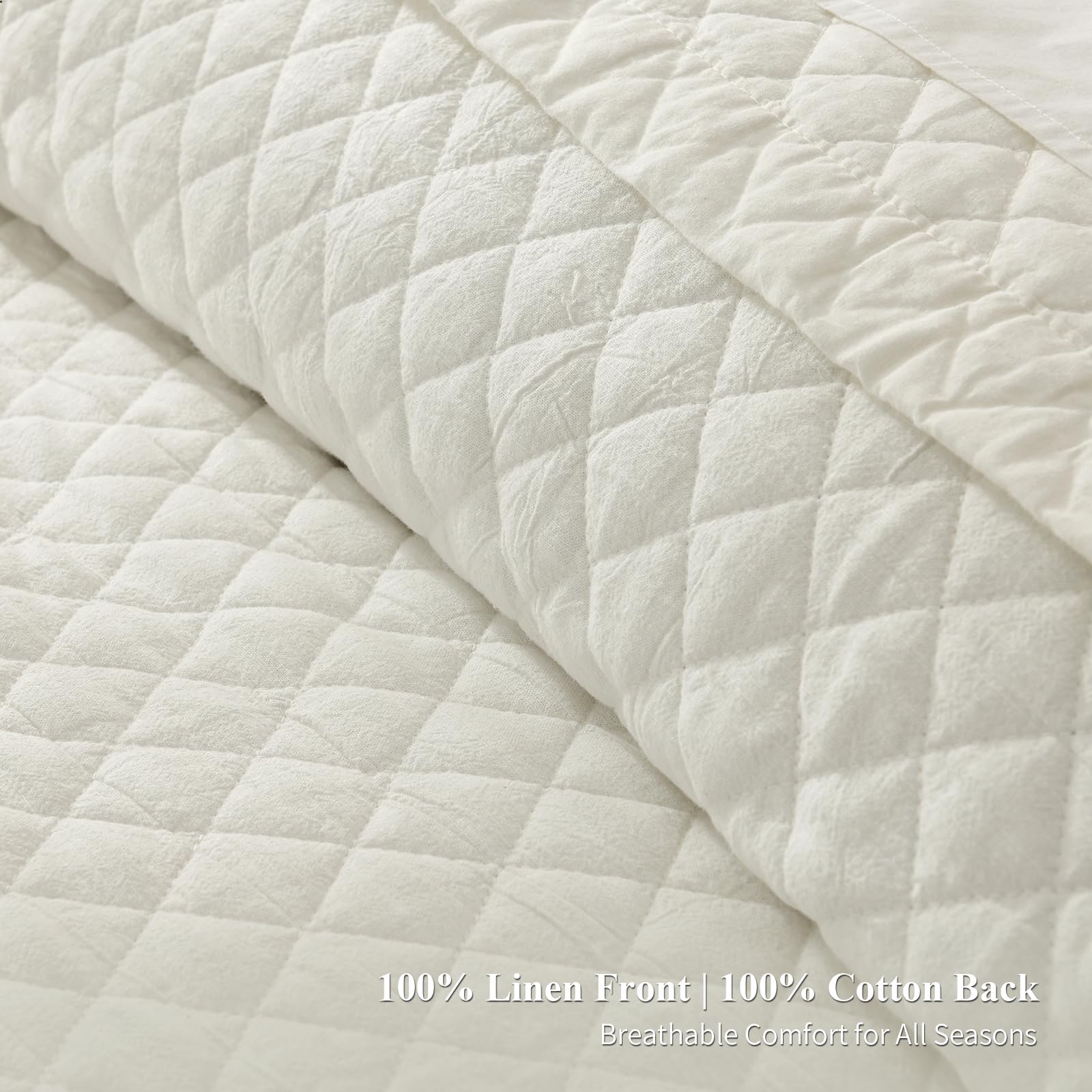 Grassix Linen Quilt Set Queen Size 3-Piece, 100% Linen Front & Cotton Back, Prewashed Diamond Stitch Bedspread with 2 Shams, Lightweight Breathable Quilt for Hot Sleepers, Modern Farmhouse Bedding
