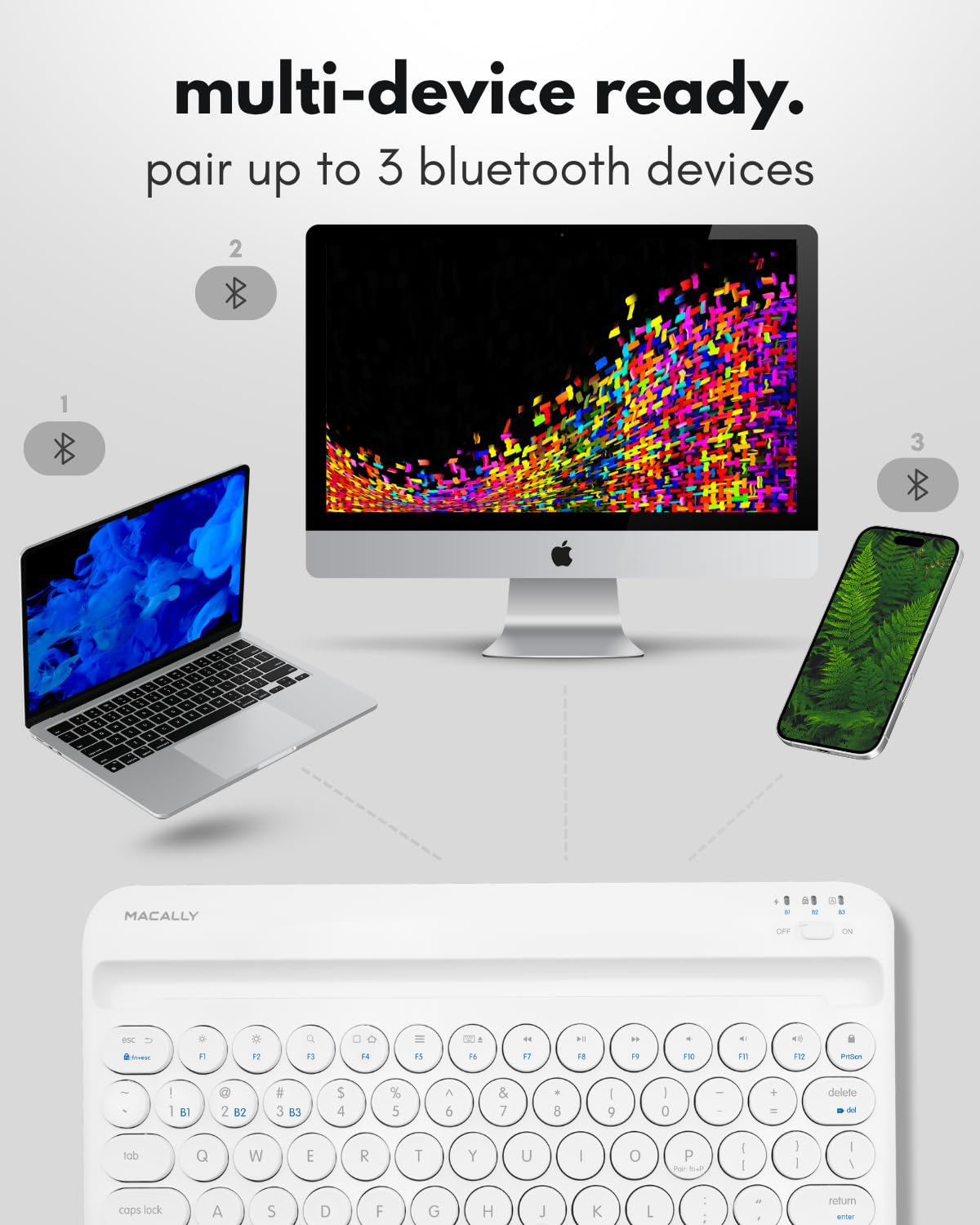 Macally Bluetooth Keyboard for Tablet | Wireless Keyboard for iPad mini/Air/Mini, iPhone (Multi-Device, Built-in Stand, Rechargeable) Easy to Use and Cute Portable