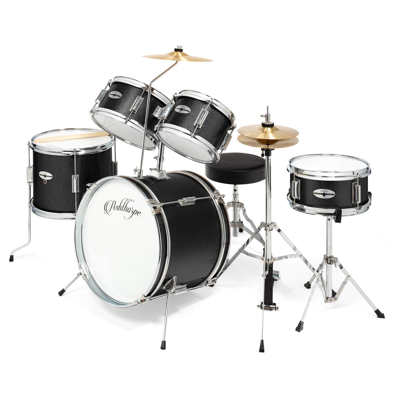 Ashthorpe 5-Piece Complete Kids Drum Set with Genuine Brass Cymbals - Junior Beginner Kit with 16" Bass, Throne, Hi-Hats, Pedals & Drumsticks - Black