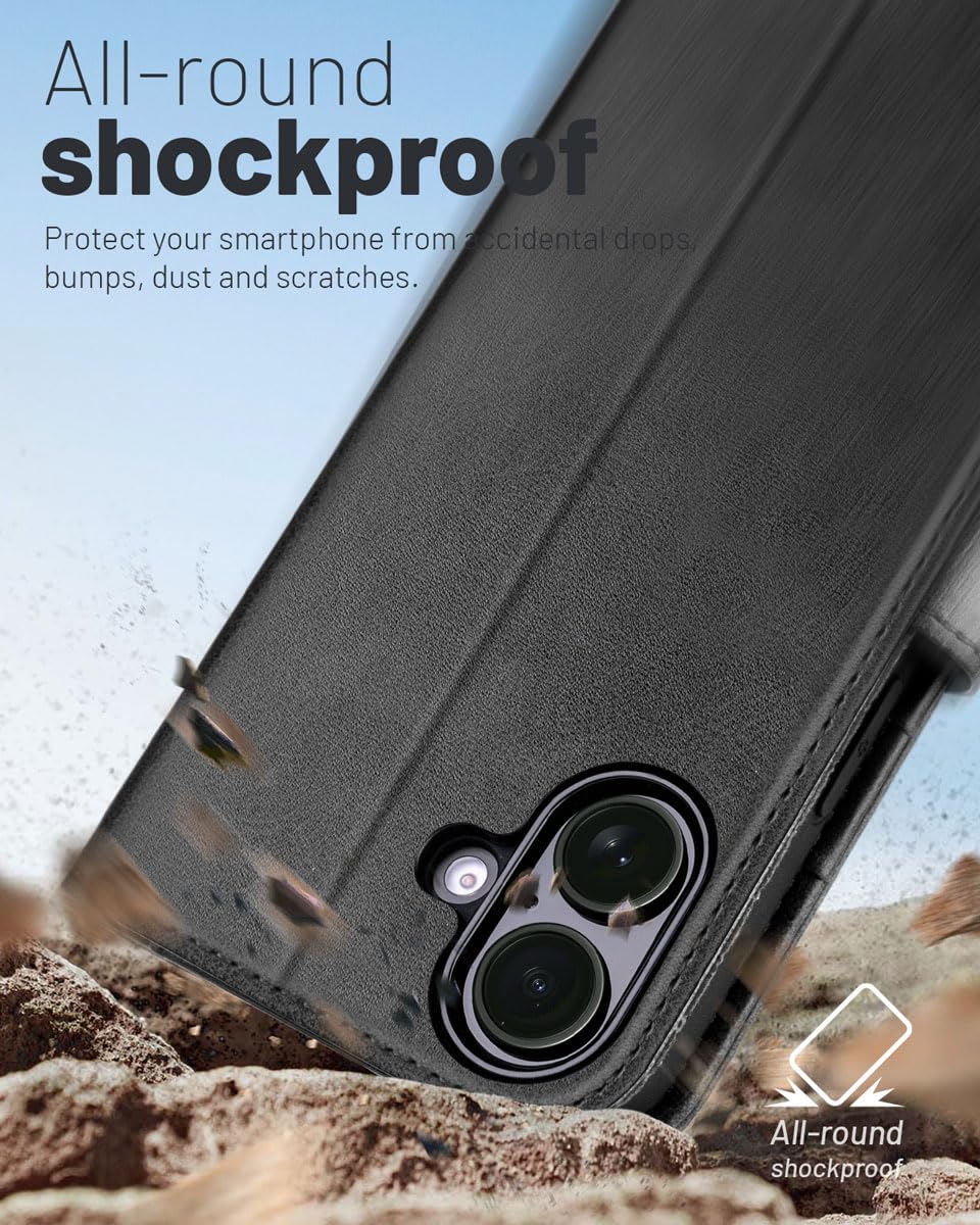 OCASE Compatible with iPhone 16 Wallet Case, PU Leather Flip Folio Case with Card Holders RFID Blocking Kickstand [Shockproof TPU Inner Shell] Phone Cover 6.1 Inch 2024, Black