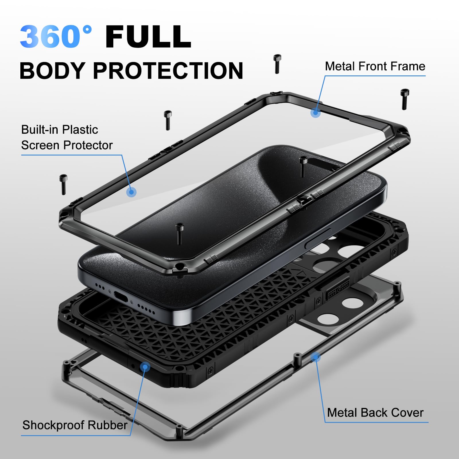 Beasyjoy for iPhone SE 2022/2020/ 8/7 Metal Case, Waterproof Heavy Duty Case with Screen Protector, Full Body Protection Military Grade Shockproof Defender Durable Sturdy Rugged Aluminum Cover, Black