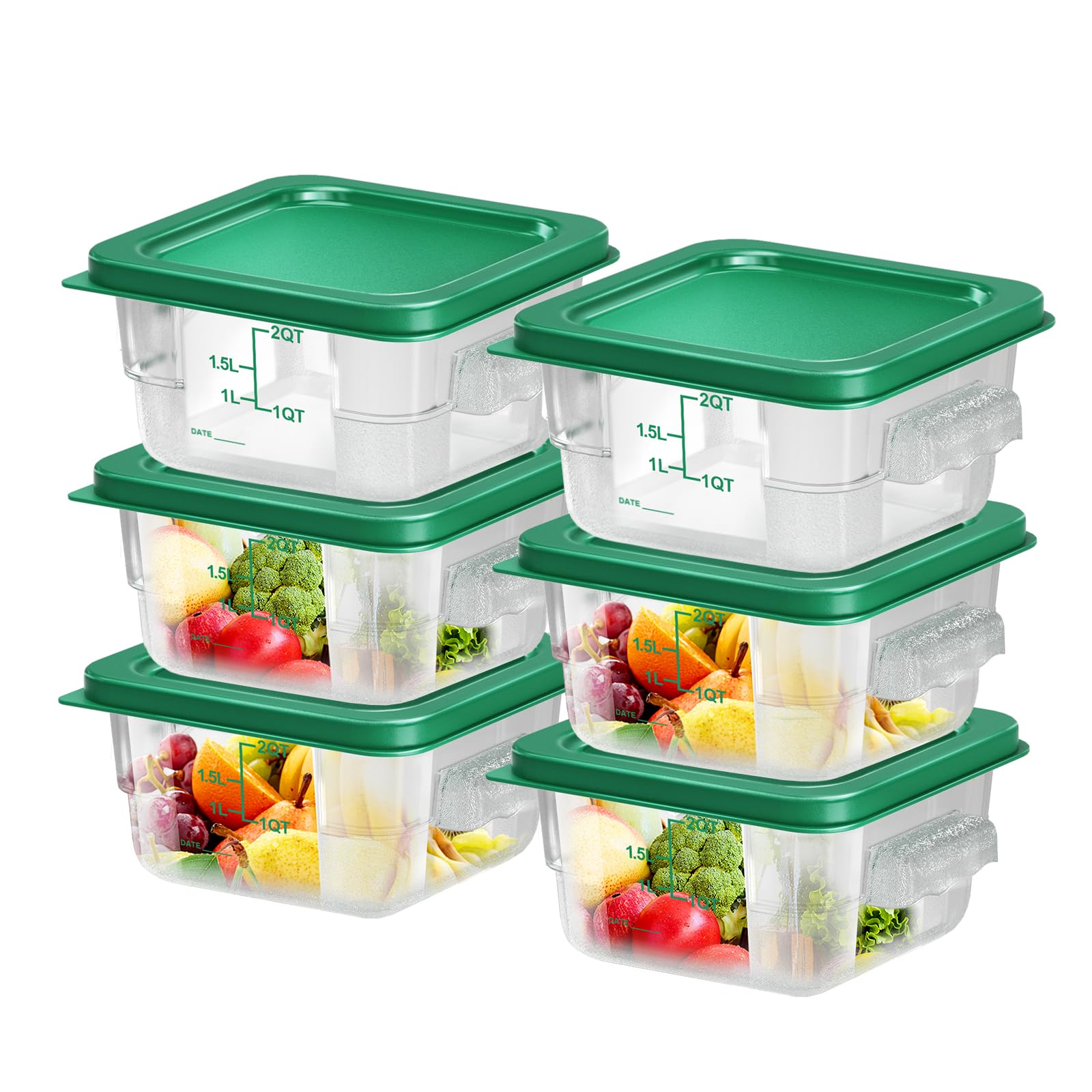 6 pcs 2qt Food Storage Containers with Lid, Square Clear Commercial Storage Containers with Handle and Scale for Food Storage in Home Kitchen & Dining (Green)