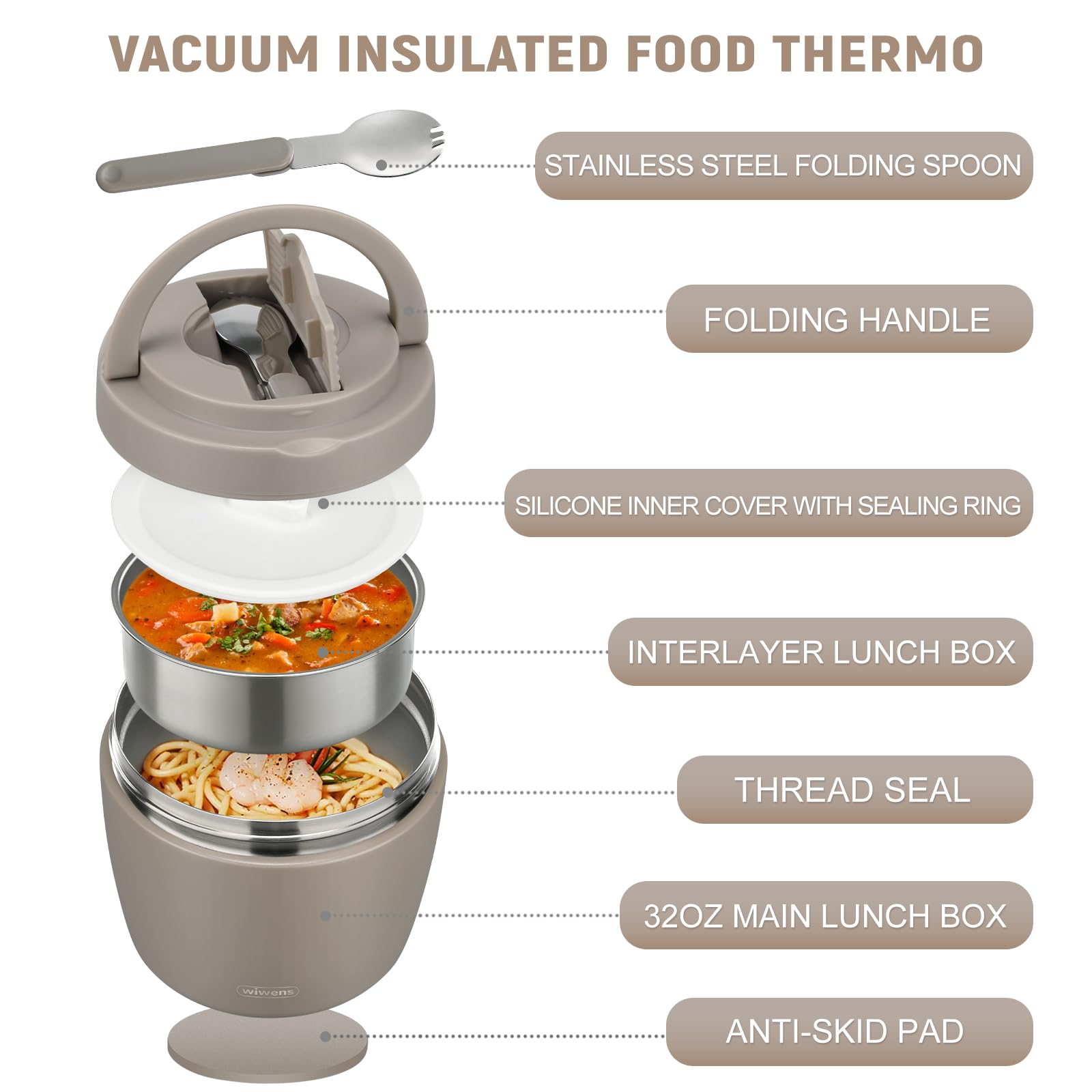 wiwens Thermo Food Jar for Hot Food Adults 32OZ Soup Thermo Lunch Containers Wide Mouth Vacuum Insulated Stainless Steel Leakproof Bento Box with Spoon (Beige)