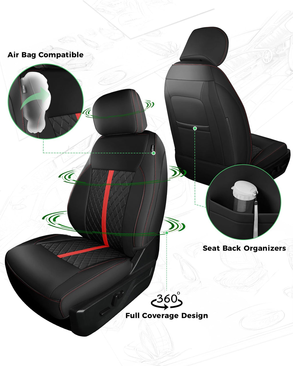 for Ford F150 Leather Seat Covers, Super Crew Cab XL XLT 2015-2020, F250 F350 F450 Super Duty Crew Cab 2017-2022,Custom Truck Seat Cover Full Set, Pickup Accessories, Black (Bucket Seat)