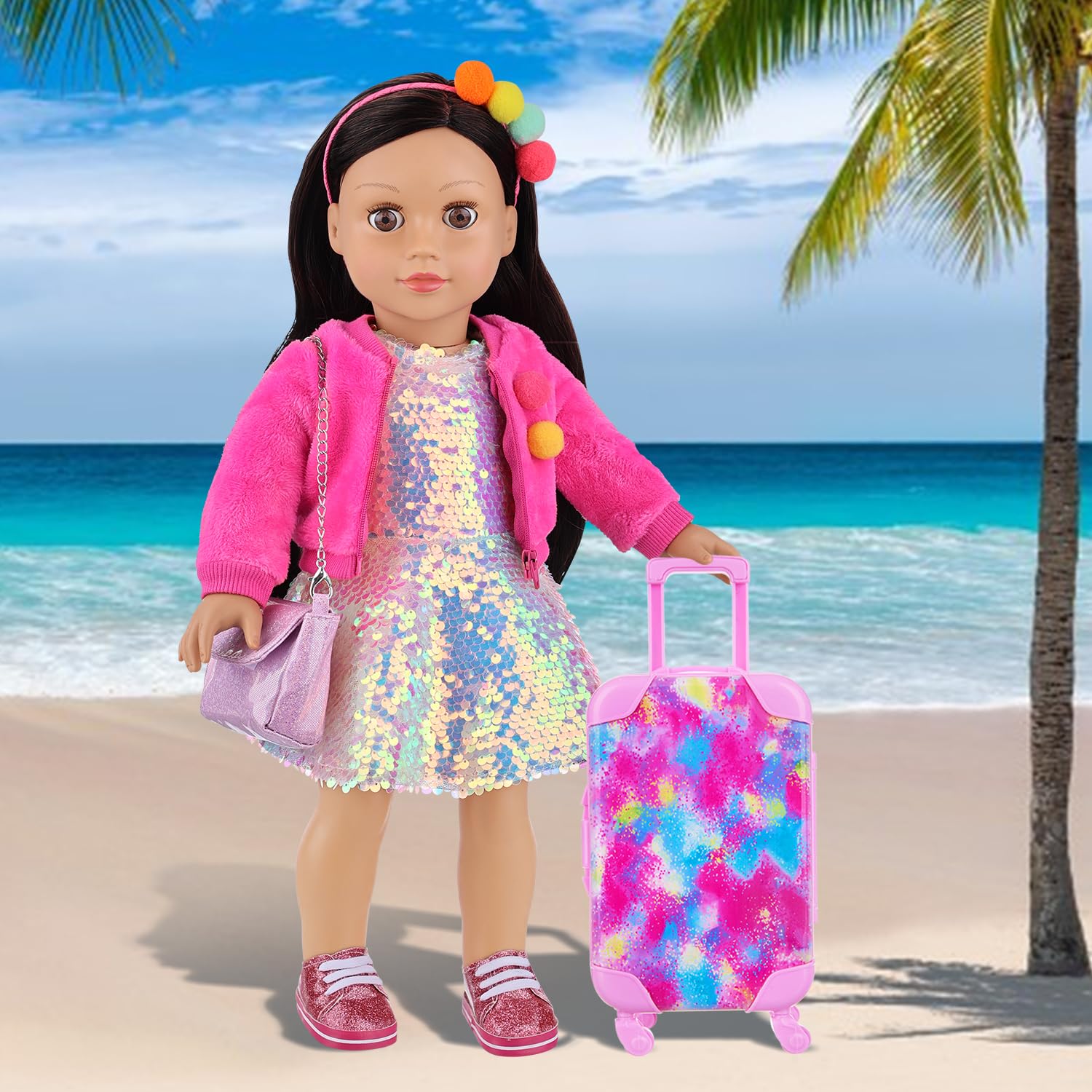 K.T. Fancy 18 Inch American Doll Clothes and Accessories, Doll Travel Suitcase Playset for Girls, Cute Travel Doll Clothes for 18 Inch Girl Doll(Not Include Doll & Shoes), Pink