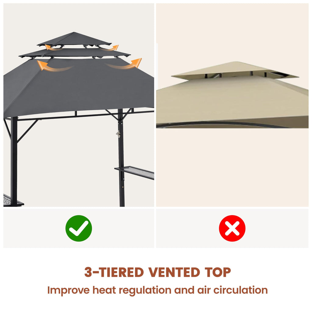 Yaheetech 8x5' Grill Gazebo, 3-Tier Outdoor BBQ Gazebo with Height-Adjustable Shelves & 10 S-Shaped Hooks & Built-in Bottle Opener, Brown