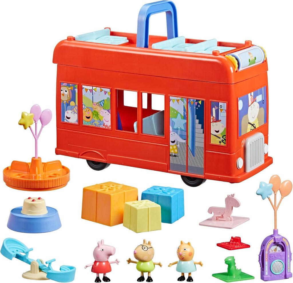 Peppa Pig 2-in-1 Party Bus Playset with 3 Figures and 13 Accessory Pieces, Preschool Toys for Girls and Boys, Kids Gifts, Ages 3+