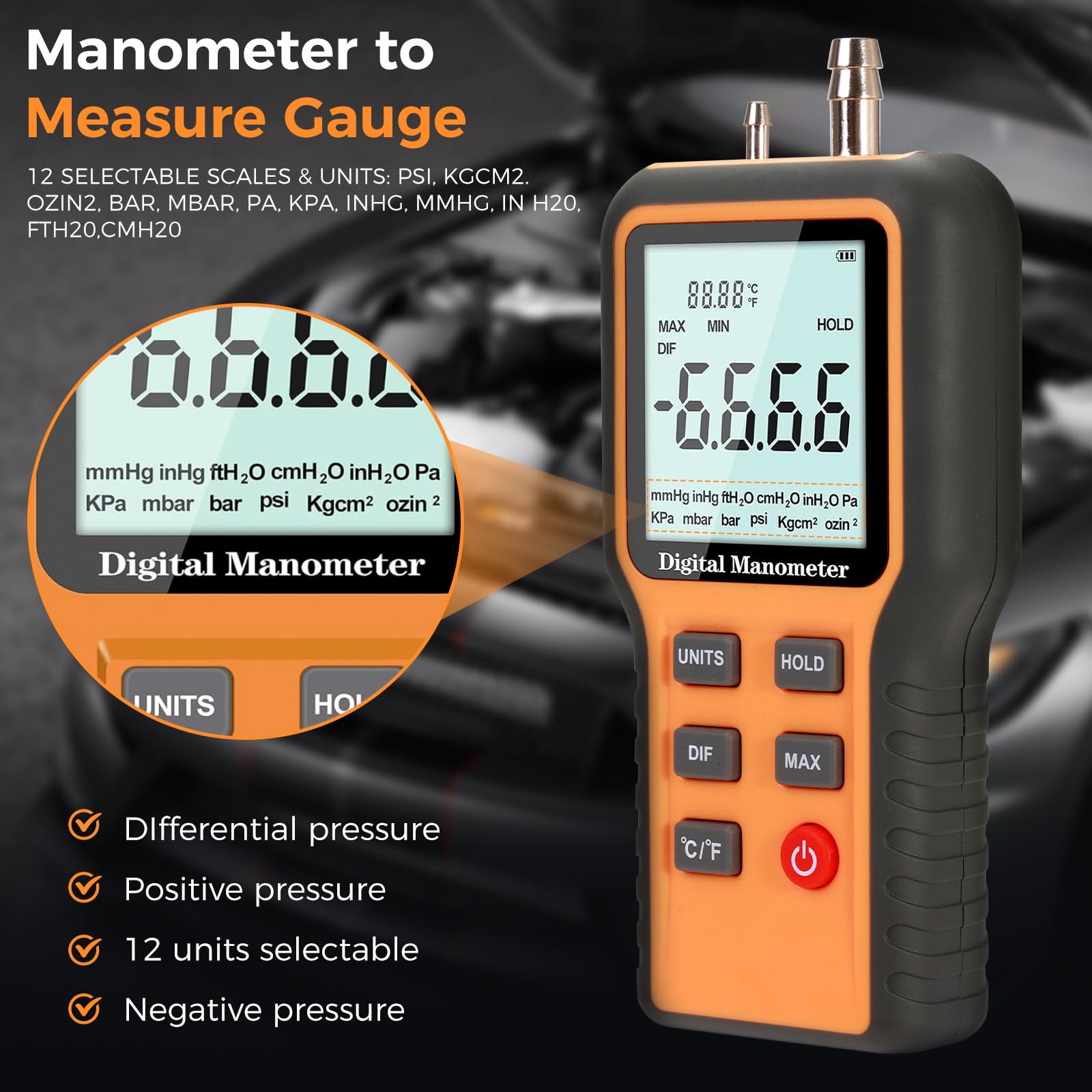 Manometer, Professional Air Pressure Meter, Dual-Port HVAC Digital Manometer Gas Pressure Tester,12 Selectable Units Differential Pressure Gauge, (Included Battery)