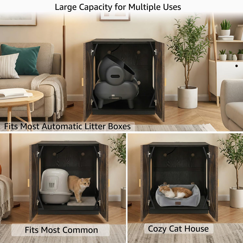 unipaws Extra Large Cat Litter Box Enclosure for Self-Cleaning & Automatic Litter Boxes, Tall Cabinet with Charging Station, Wooden Dog Proof Hidden Cat House for Top Entry Litter Box
