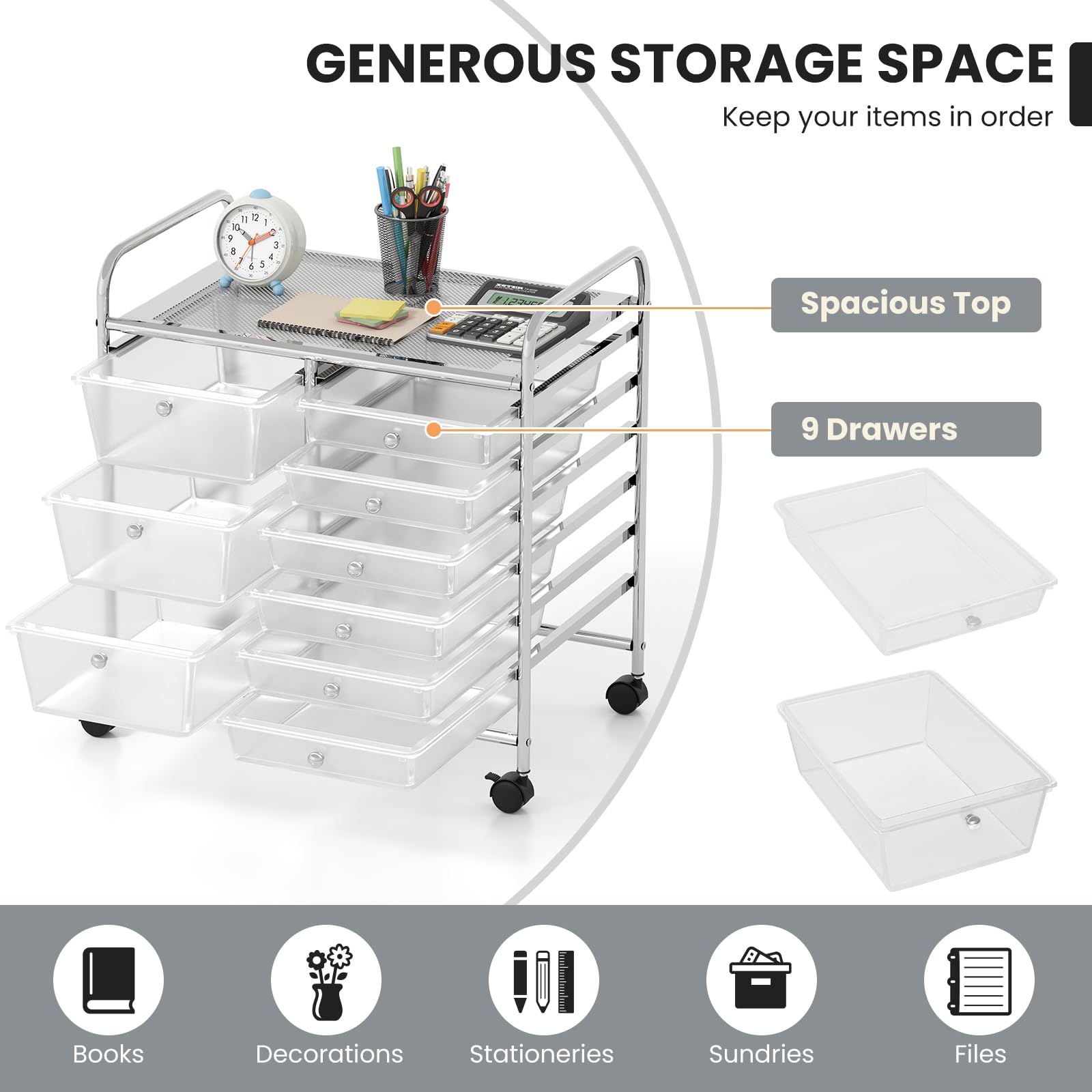 LDAILY 9 Drawer Rolling Storage Cart, Rolling Cart with Drawers for Classroom, Art Supply Craft Organizer on Wheel with Metal Frame & Handles for Home Office School