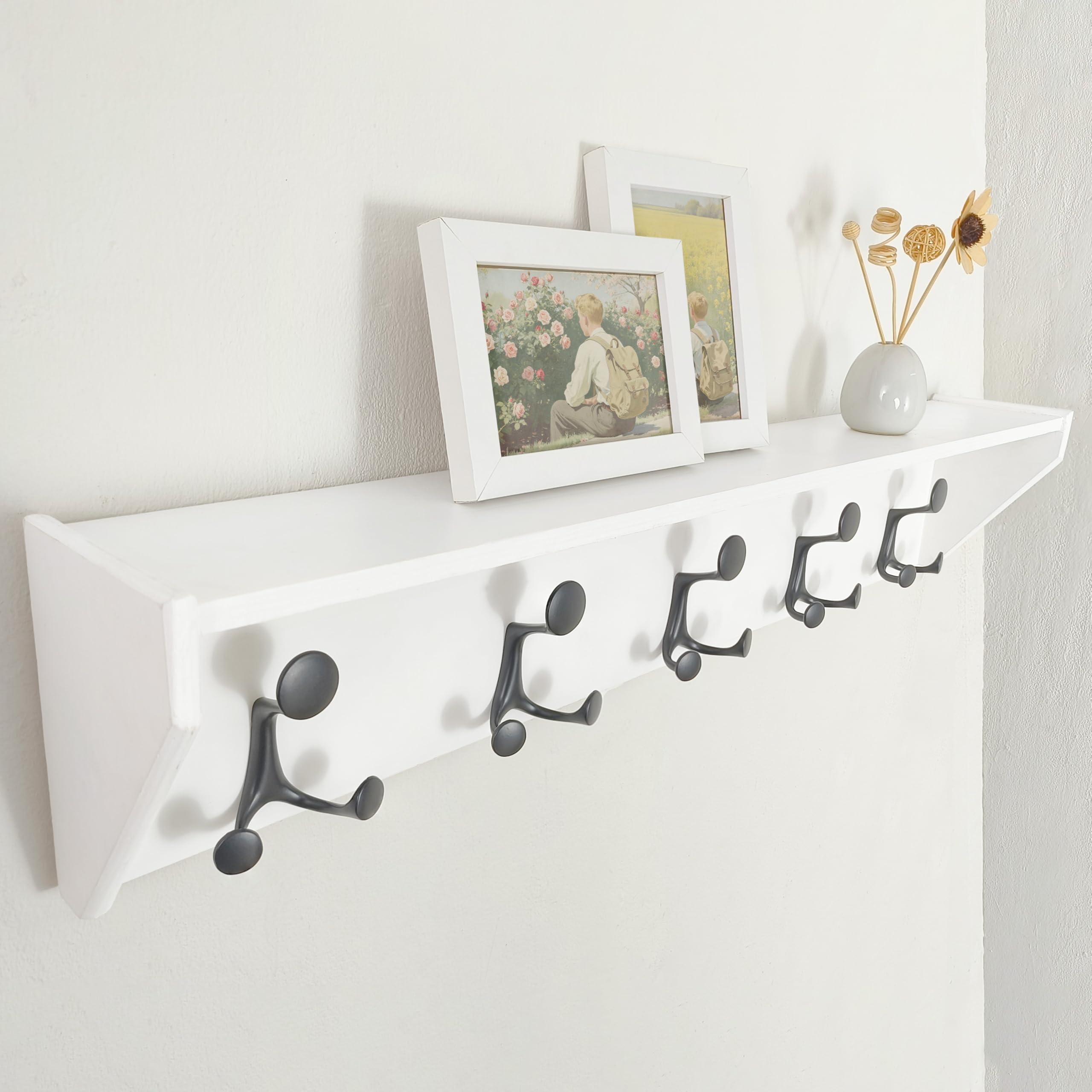 SKOLOO Wall Shelf with Hooks, 24-Inch Cherry Coat Rack Wall Mount with Shelf Organizer - Heavy Duty, 4 Tri Hooks - Perfect for Entryway, Hallway, Living Room, Bedroom, Mudroom