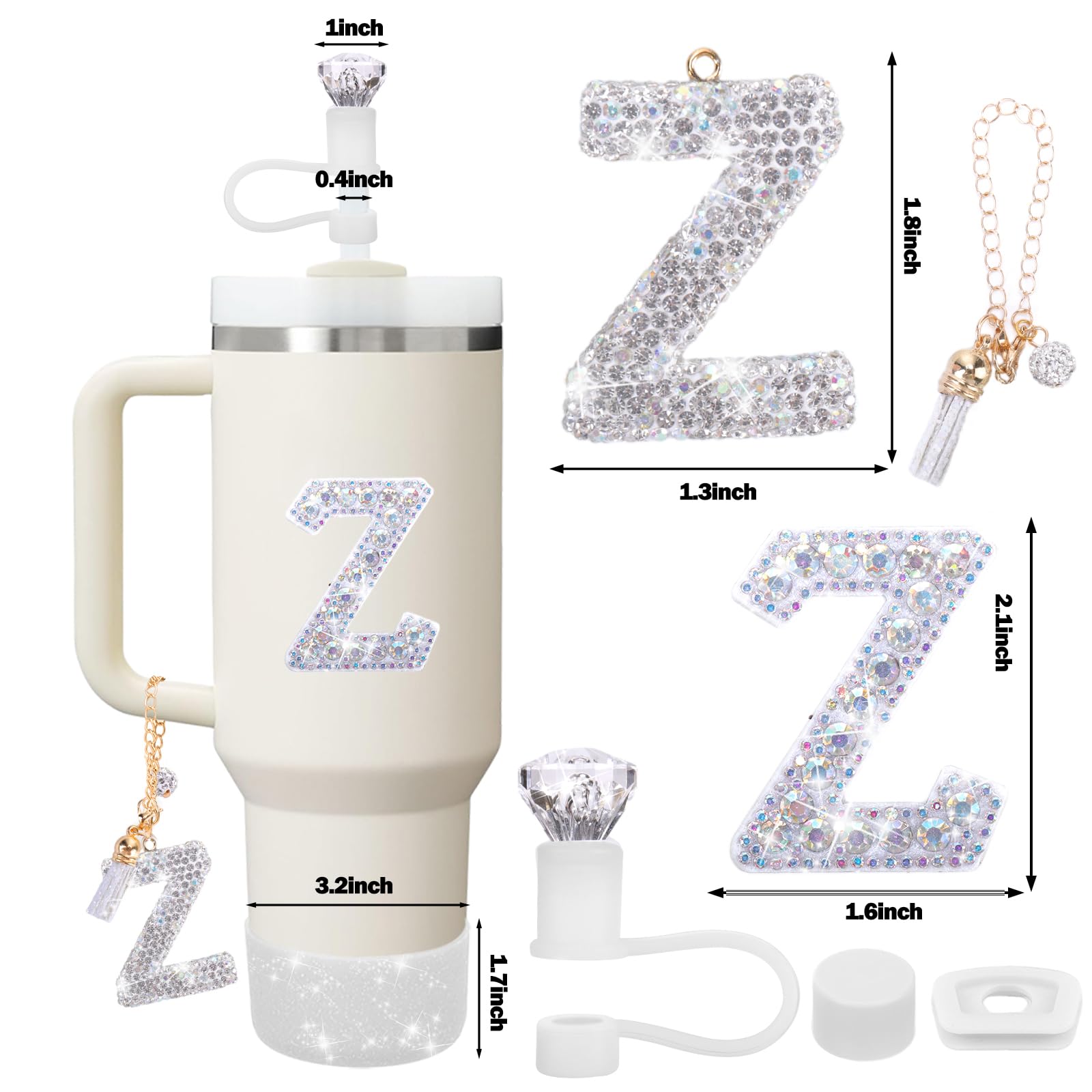 Mity rain Accessories Set for Stanley Cup, Initials Decorations for Tumbler Cup 30/40OZ, Including Diamond Straw Topper/Spill Proof Stopper/Sparkly Silicone Boot Set/Letter Charms for Handle A-Z (A-)