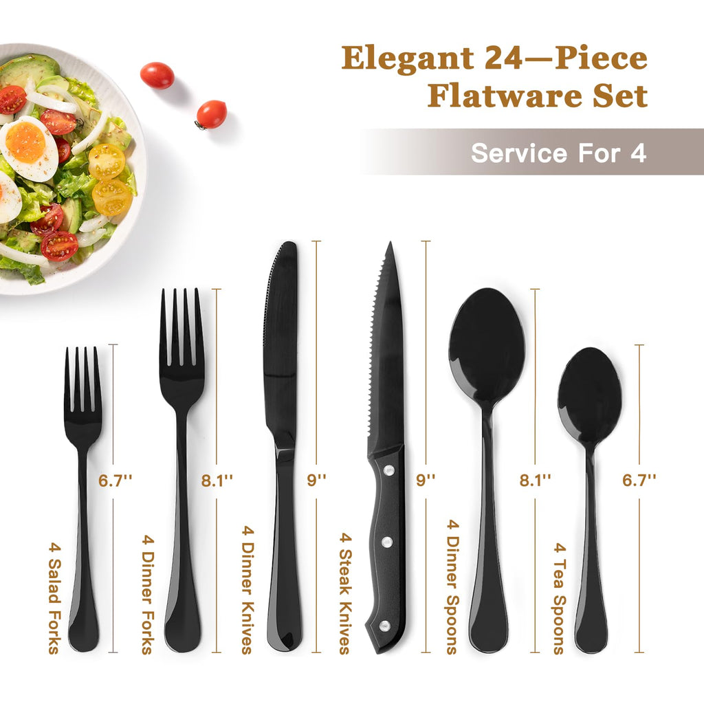 Astercook 24-Piece Black Silverware Set with Steak Knives Flatware Set for 4 Food-Grade Stainless Steel Cutlery Set Mirror Polished Utensils Set Include Spoons and Forks for Home Kitchen Restaurant
