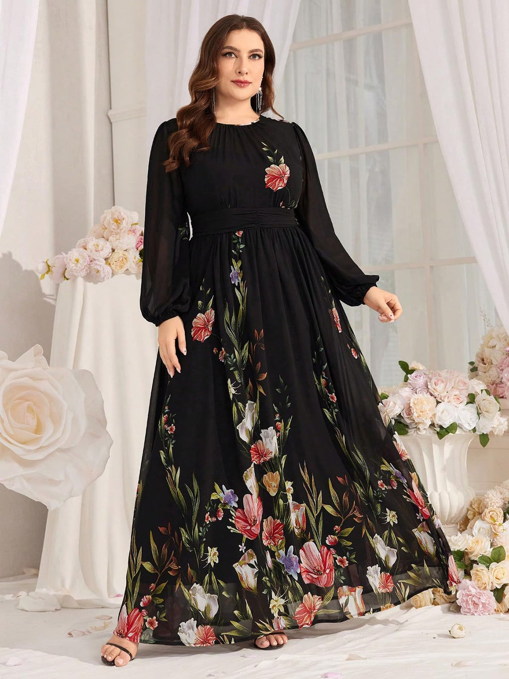 Spring Summer 2024 Plus Size Womens Dresses V Neck Casual Elegant Long Sleeve Floral Print Maxi Dress