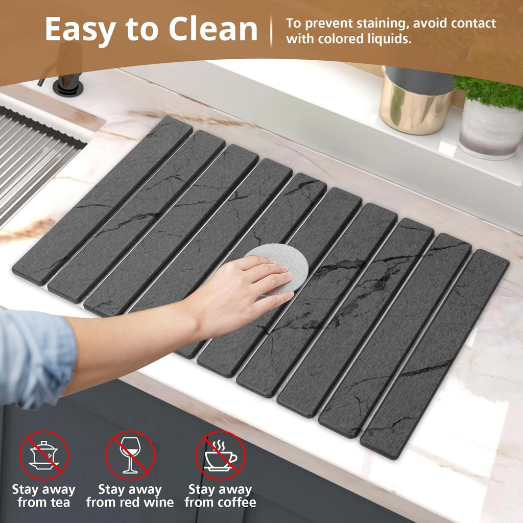 Stone Dish Drying Mat for Kitchen Counter, Eco-friendly, Instant Drying Pad,Diatomaceous Earth Water Absorbing Mat, Foldable and Super Absorbent Dish Drying Stone Mat, 16"×12", Dark Gray