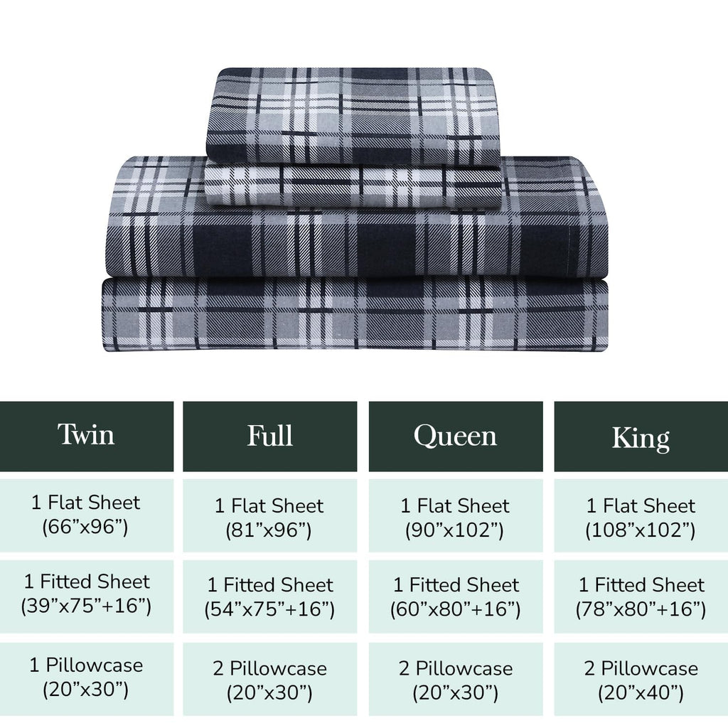 Feather & Stitch 100% Cotton Flannel Twin Sheet Set, 3 Piece Brushed Cotton Flannelette Flat Sheet, Winter Fitted Sheet, Heavy Weight Bedding, 16" Deep Pocket (Grey Plaid)