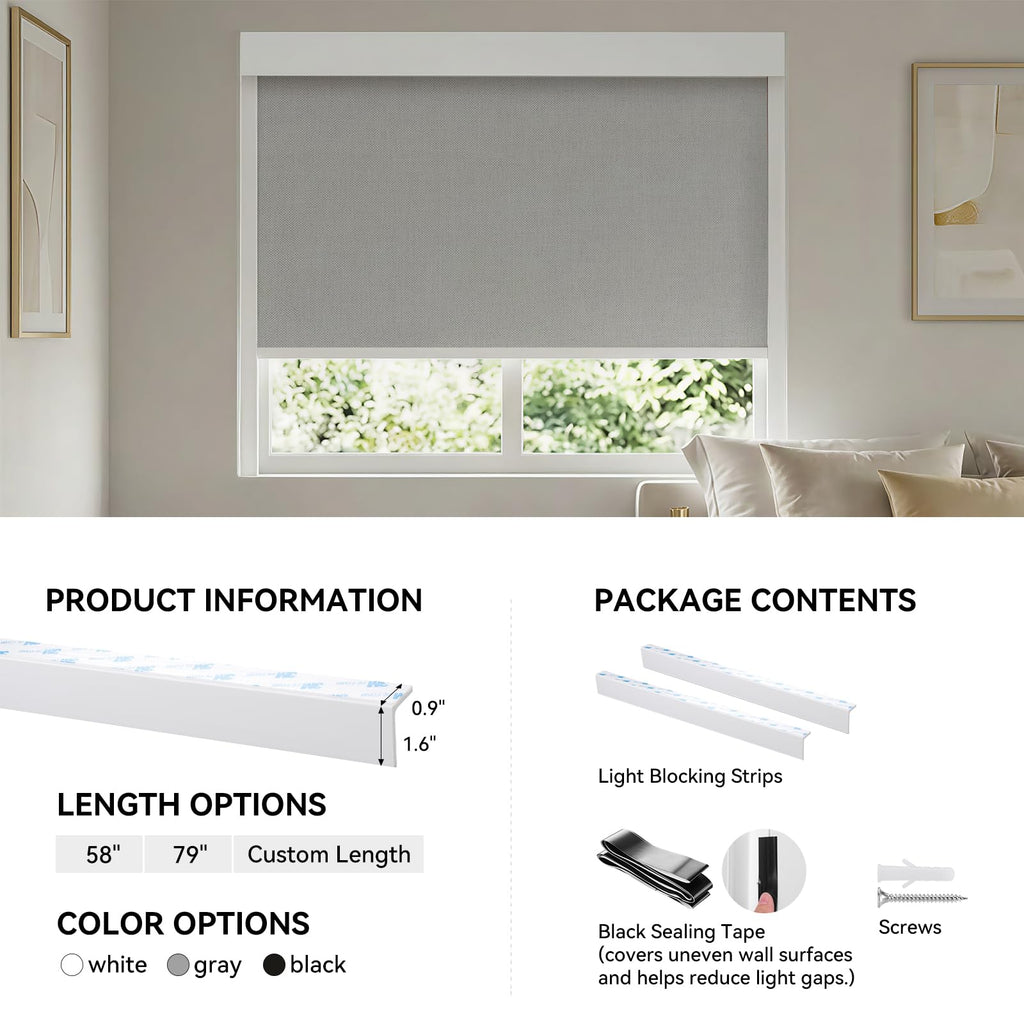 ZSTARR PVC Light Blockers Blackout Light Blockers Side Tracks for Window Shades Blinds Side Tracks for Blackout Shades Easy to Install Light Blocking Strips for Bedroom (Black, 58",2Pcs)