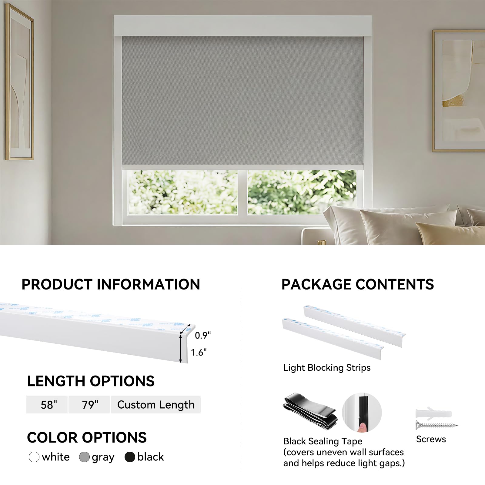 ZSTARR PVC Light Blockers Blackout Light Blockers Side Tracks for Window Shades Blinds Side Tracks for Blackout Shades Easy to Install Light Blocking Strips for Bedroom (Black, 58",2Pcs)