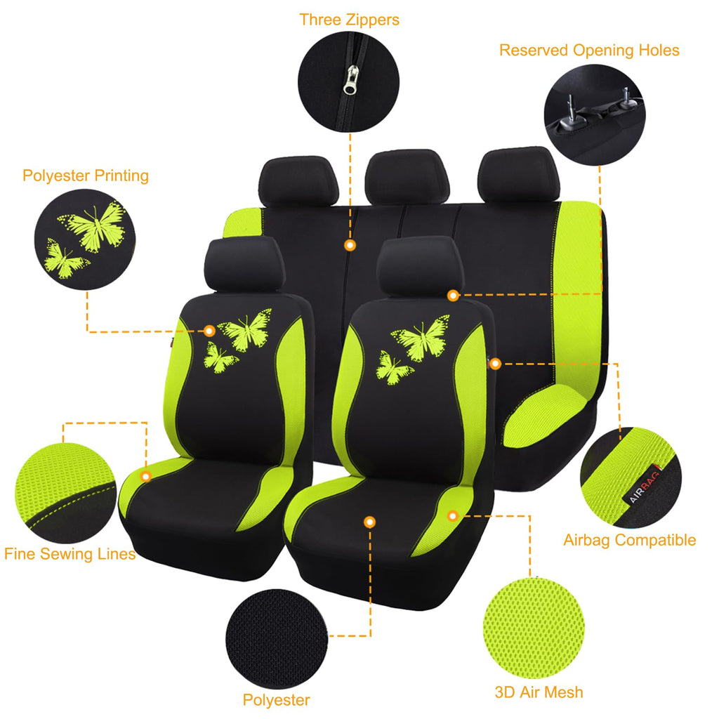 Flying Banner Butterfly car seat Covers ful Set Fashion Universal Lady Woman Female Rear Bench Split Colorized (2 Fronts, Mint Blue)