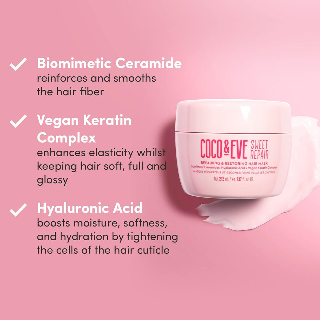Coco & Eve Sweet Repair Repairing and Restoring Hair Mask. 85% stronger hair, reduce hair damage by 65%. Biomimetic Ceramides, Hyaluronic Acid, Vegan Keratin. Increase Hydration & Shine.