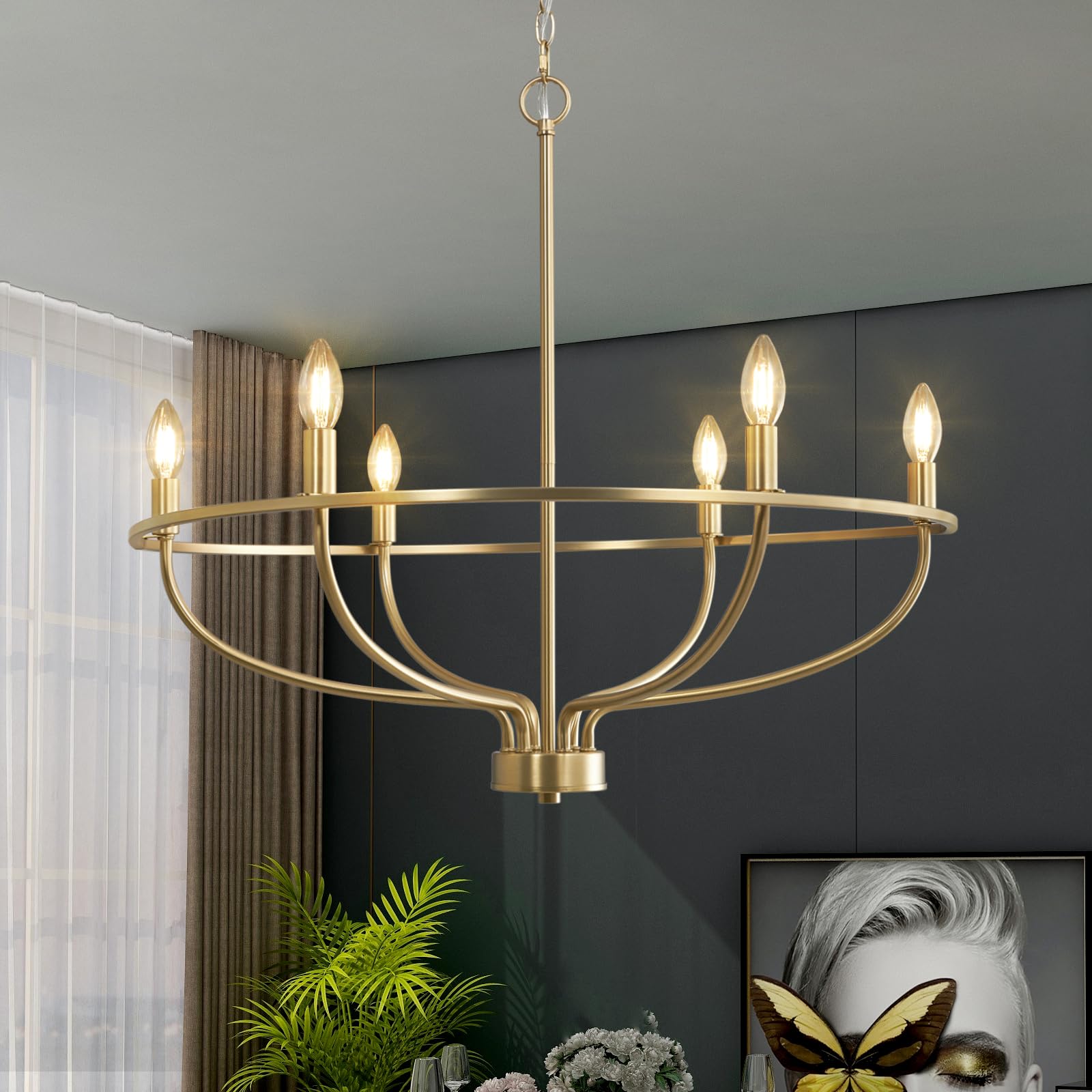 Black Chandelier 6-Light Dining Room Chandelier Kitchen Chandeliers Over Table Round Living Room Chandelier Light Fixture for Bedroom, Kitchen, Foyer