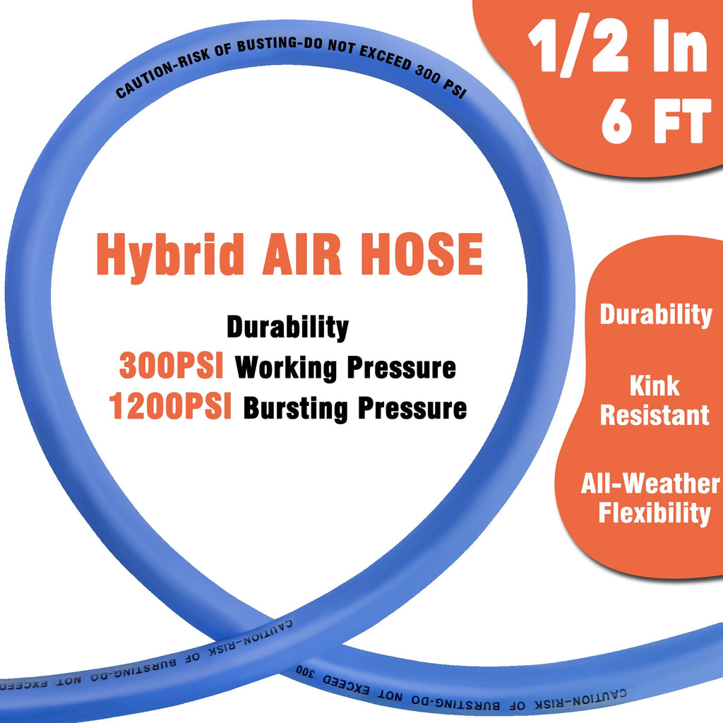 Air Compressor Hose 1/2 in, 300 PSI Heavy Duty Hybrid Air Hose with Quick Coupler and Plug Kit, Lightweight, Kink Resistant, All Weather Flexibility with Bend Restrictors, 6 Feet