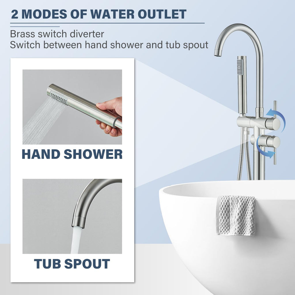Brushed Gold Freestanding Bathtub Faucet with Hand Shower Tub Filler Faucet Floor Mounted High Flow Single Handle Bath Filler Solid Brass