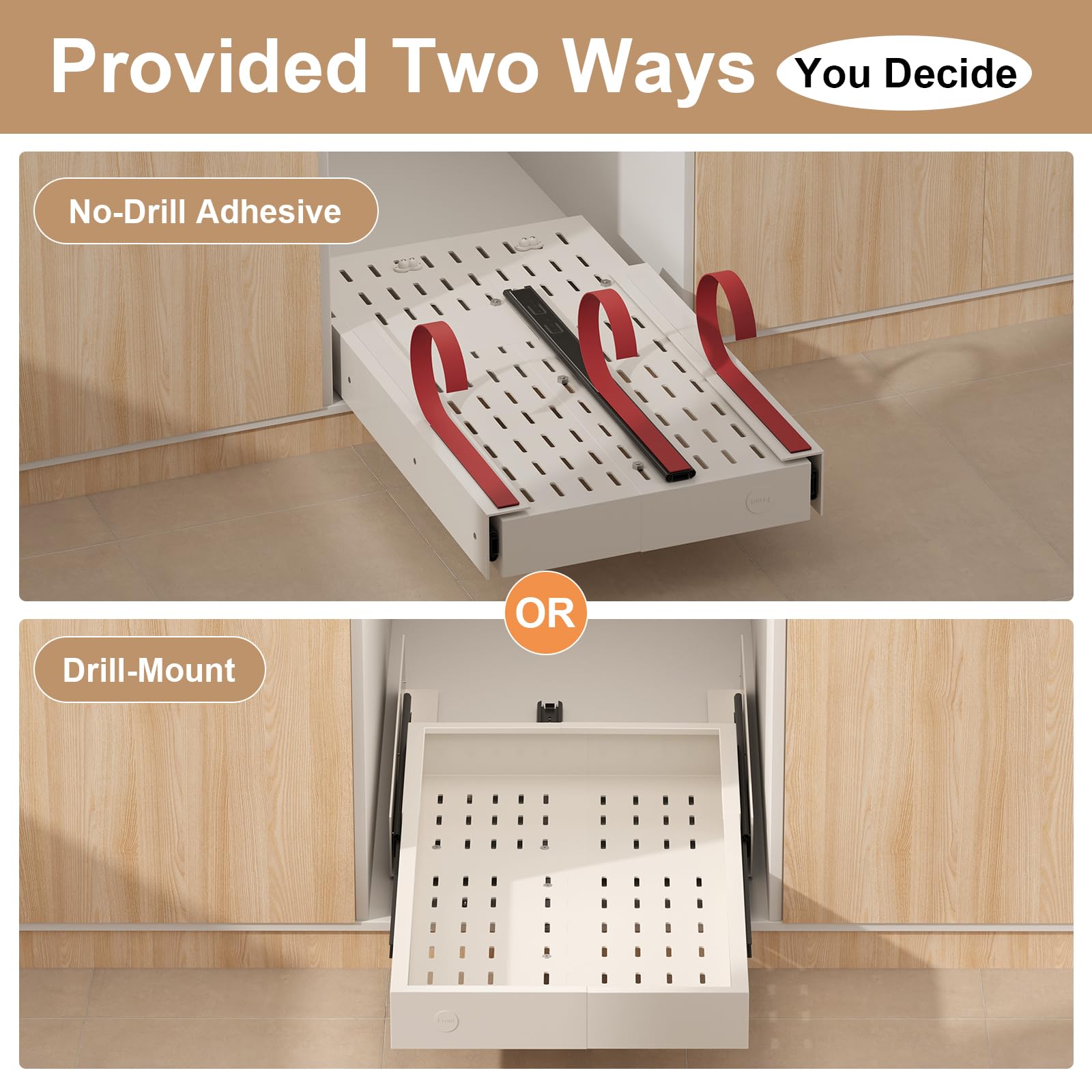 Pull out Cabinet Organizer,Width (11"-16") and Depth (17"-24") Expandable With 3 Rails,No Drill Adjustable Slide out Drawers for Kitchen,Pantry,Adhesive Roll out Shelves,for Cabinets without Lip,Black