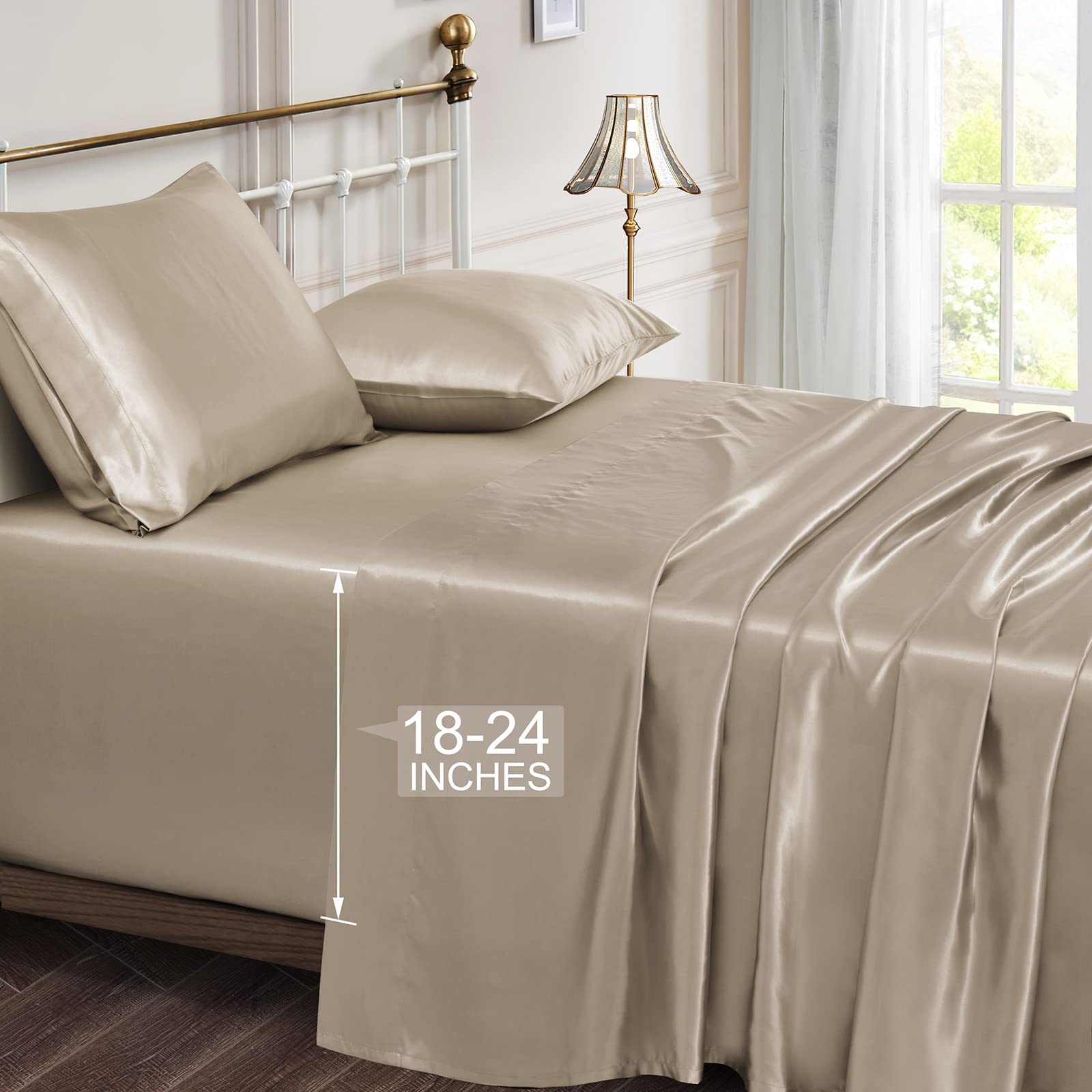 Vonty Extra Deep Pocket Full Sheet Sets - Cooling & Silky Satin Full Size Sheets with 18-24 Inch Deep Pocket, Black Satin Bed Sheets Fit Up to 24" Deep Mattress - 4 Piece Set