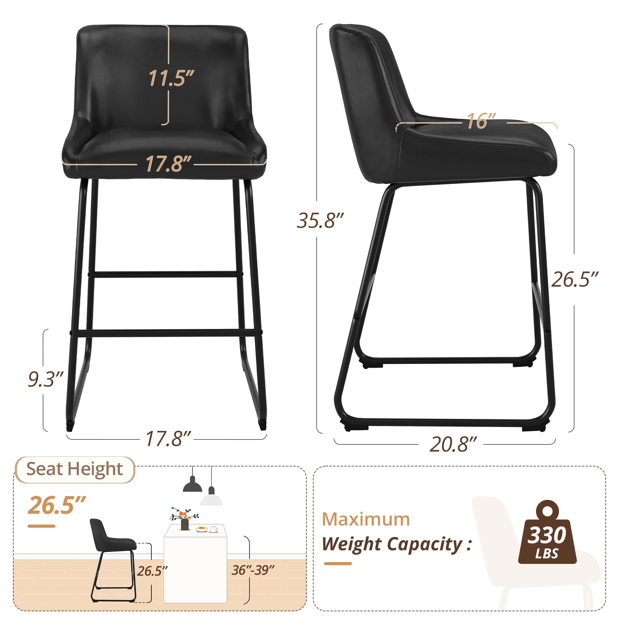 LUE BONA 26 Inch Counter Height Bar Stools Set of 2, Faux Leather Upholstered Barstools, Barstool with Back, Comfortable Bar Chairs, Modern Counter Stools for Kitchen Counter Island