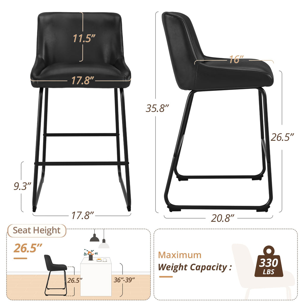 LUE BONA 26 Inch Counter Height Bar Stools Set of 2, Faux Leather Upholstered Barstools, Barstool with Back, Comfortable Bar Chairs, Modern Counter Stools for Kitchen Counter Island