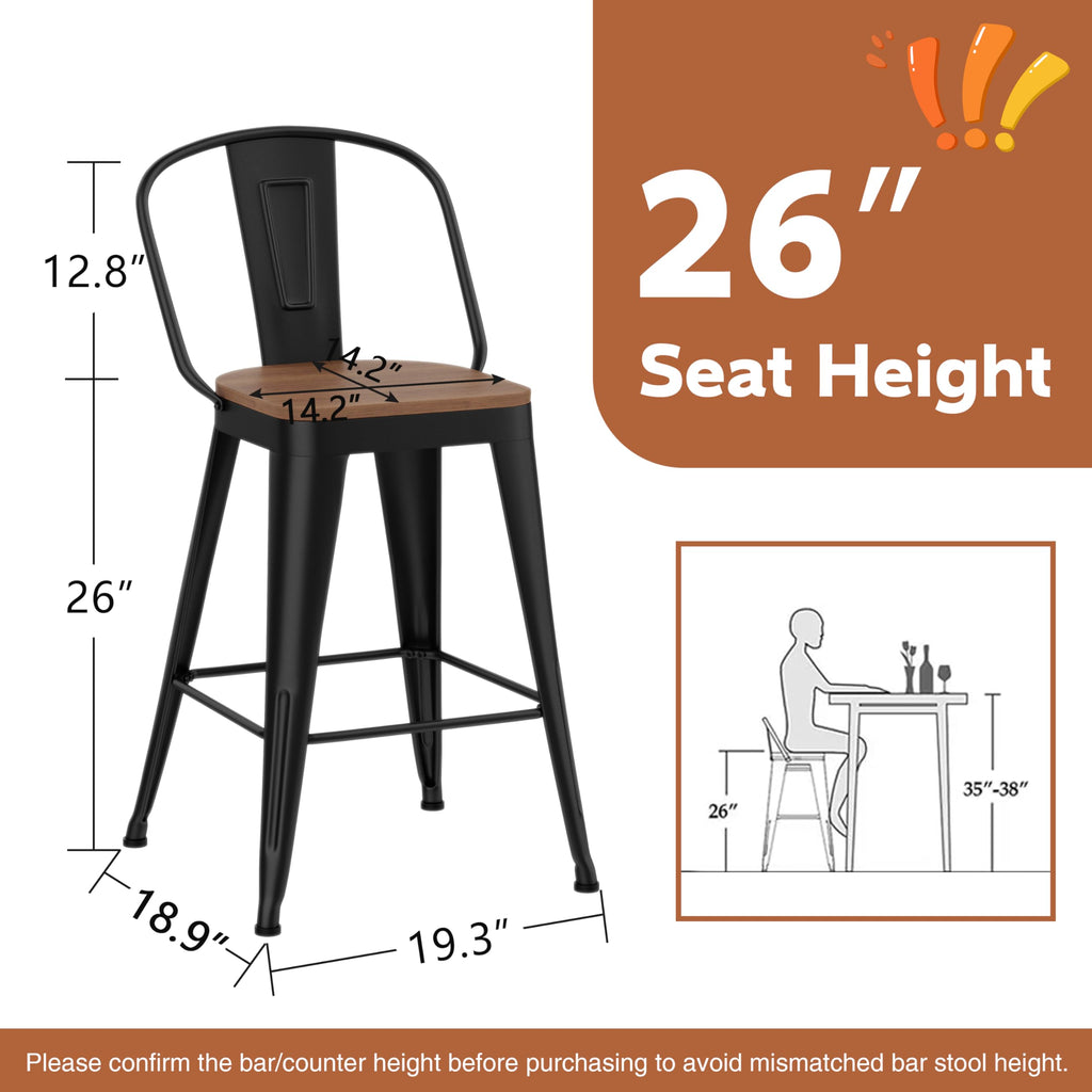 Barstools Set of 4 Counter Height Bar Stools for Kitchen Island Farmhouse Metal High Back Bar Chairs Wooden Seat 24" Matte Black
