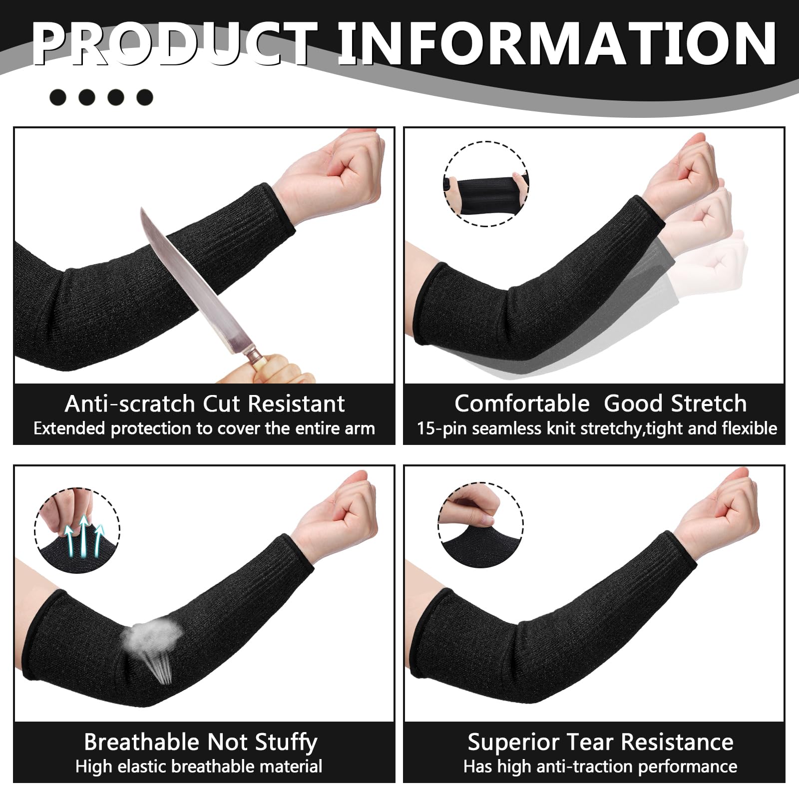 Sintege 3 Pairs Arm Protectors for Thin Skin and Bruising Cut Resistant Forearm Sleeve Level 5 Arm Burn Protection Sleeve (Black,7.9 Inch)