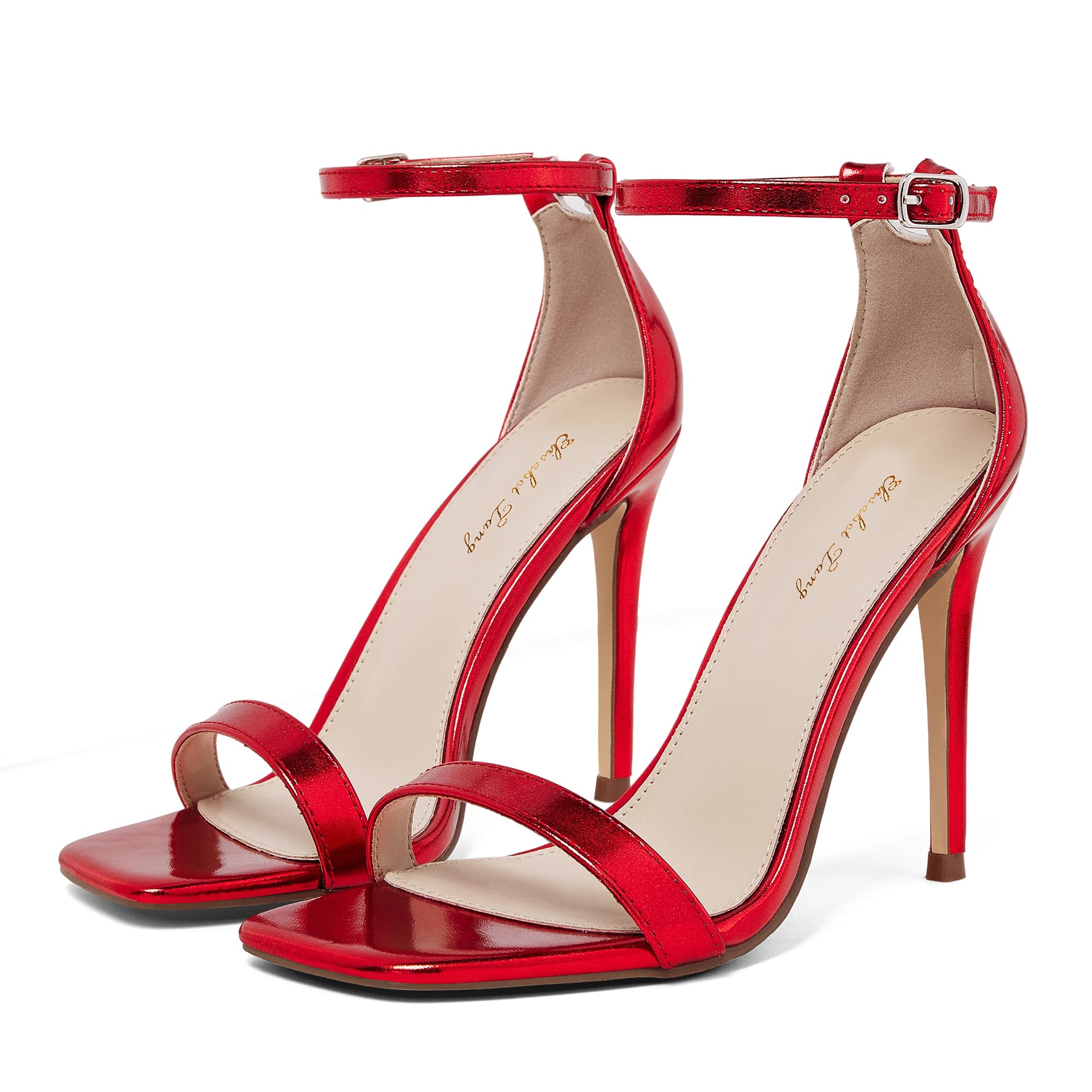 Elisabet Tang Women's Stiletto Heels Square Open Toe Ankle Strap High Heeled Sandals 4 Inch Comfort Sexy Dressy Shoes