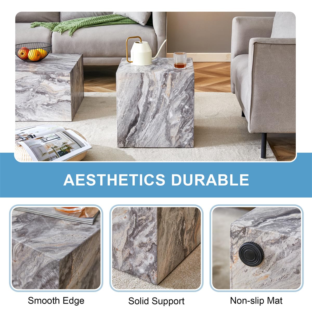 Round Coffee Table, 23.6" Modern Grey Faux Marble Drum Coffee Table, Round Accent Center Table for Living Room Apartment Small Spaces, No Assembly Required