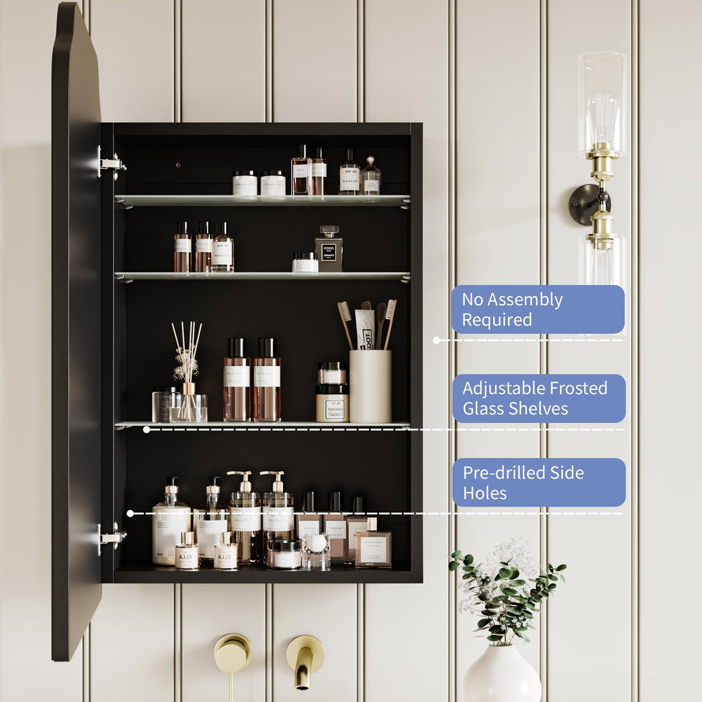 AGDULL Victorian Surface Mount or Recessed Medicine Cabinet, Wood Bathroom Wall Cabinet with Arched Mirror, Black, Left-Swing Door, Overall 16.5" W x 24" H