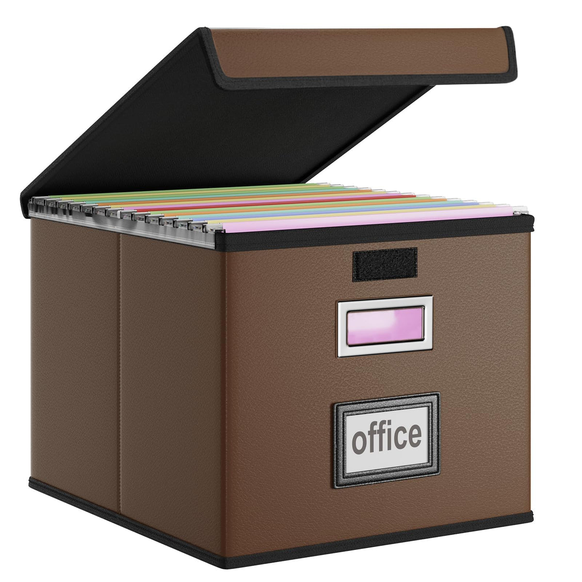 File Organizer Box with Lid, Collapsible Faux Leather Hanging File Folder Box Organizer with Plastic Slides, Decorative Home/Office Filing System Boxes for File and Folders Storage