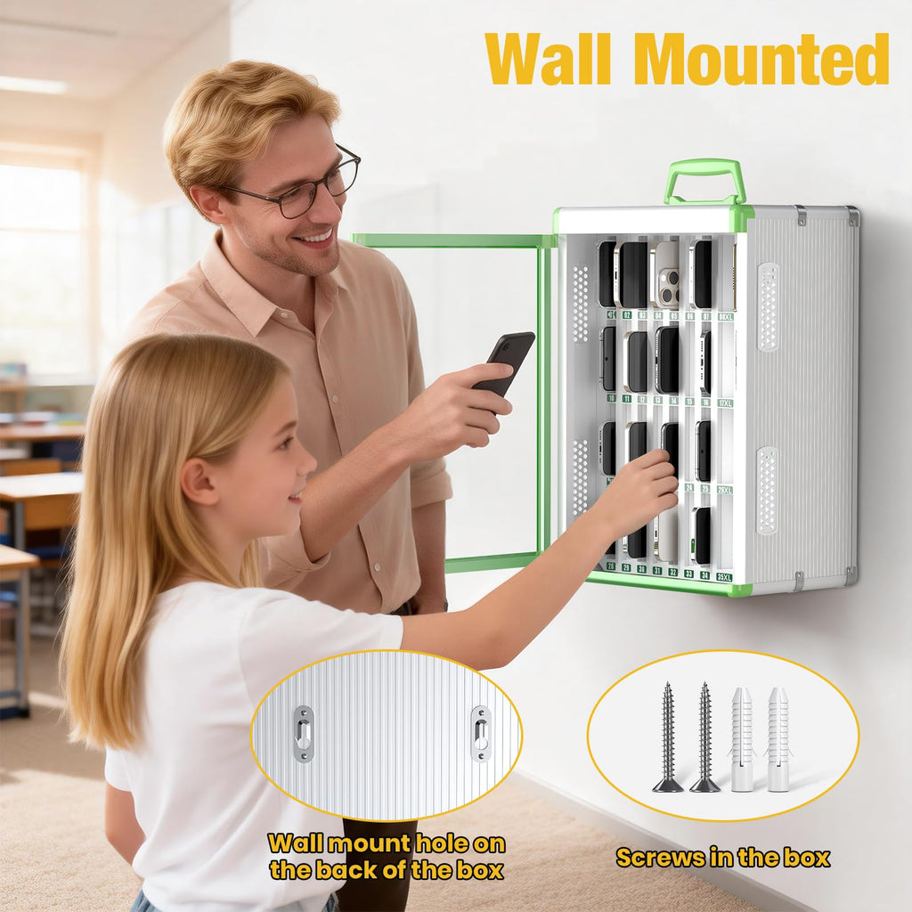 Glosen Cell Phone Locker 24 Slots, Portable Phone Storage Cabinet [Wall Mounted] [Silver 24 Slots-Universal Key ] Aluminum Alloy Cellphone Lock Box with Key & Handle for School Classroom Office Exam